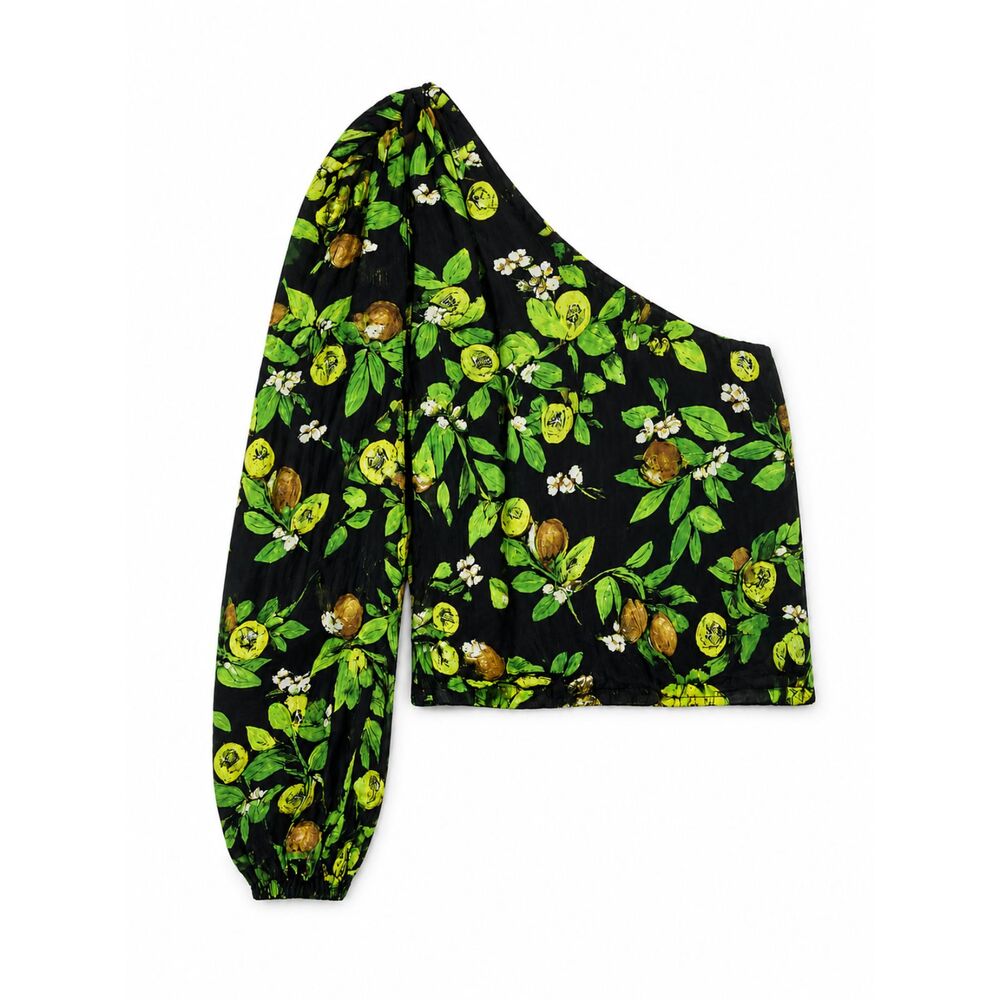 CAMI NYC Lenore One Shoulder Crop Top Sz M (RUNS SMALL) Green Black Kiwi Print